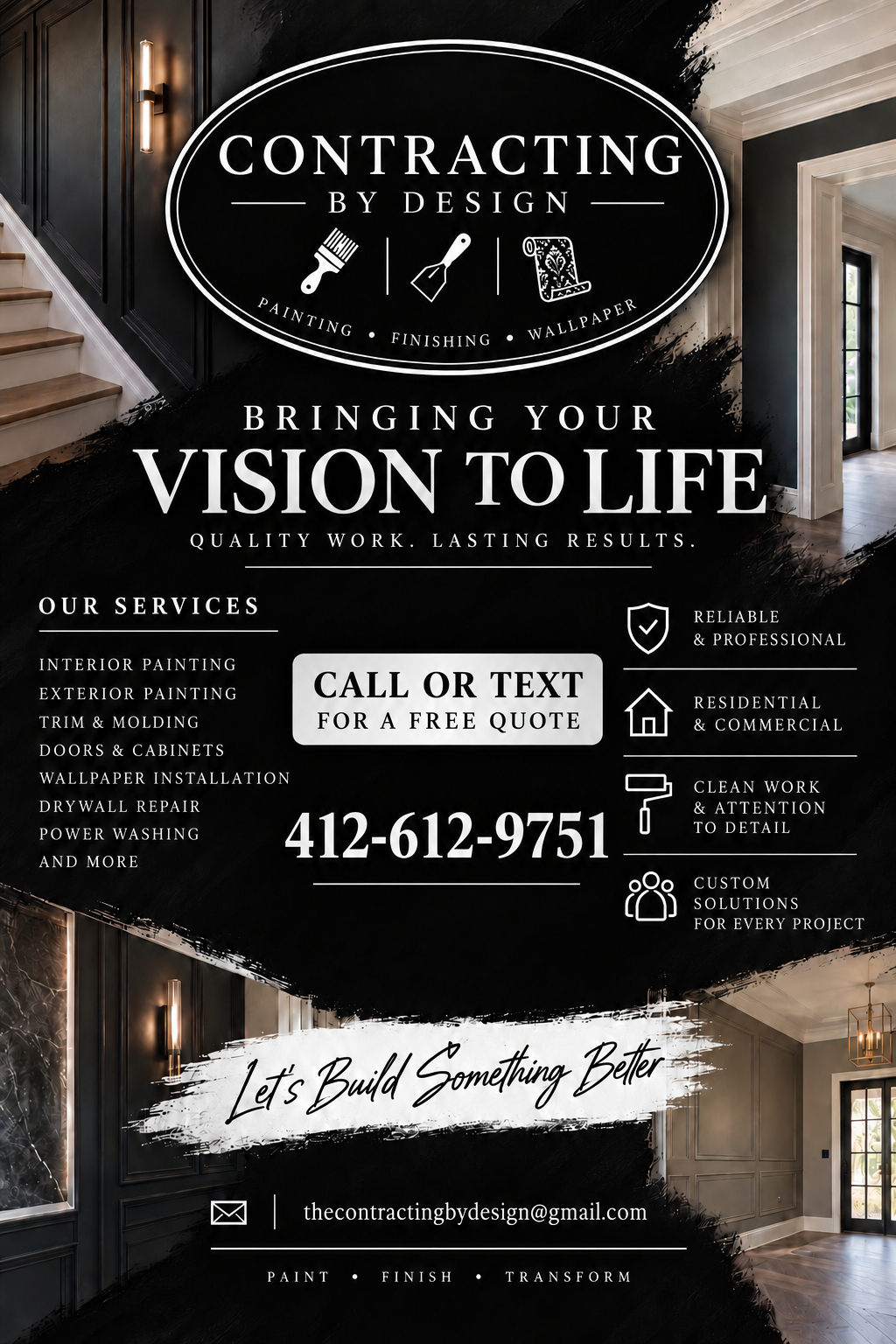 The Contracting By Design branded service flyer with black-and-white lettering and full-color interiors, featuring painting, finishing, wallpaper and contact information